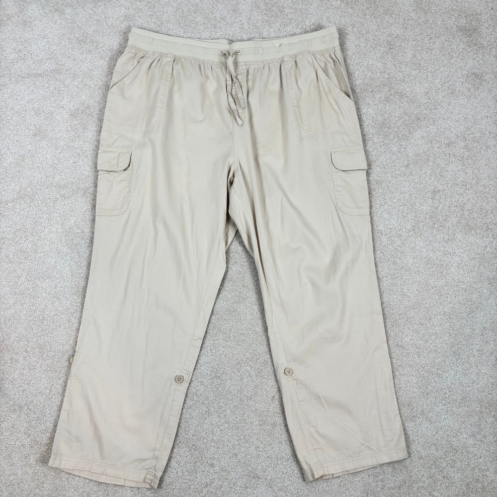 Woman Within Tan Cotton Cargo Pants Plus Size 24W Roll Tab Hem 49-4839-4